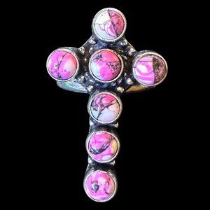 Genuine Pink Dahlia Turquoise Cluster Cross Sterling Silver Overlay Ring Size 8